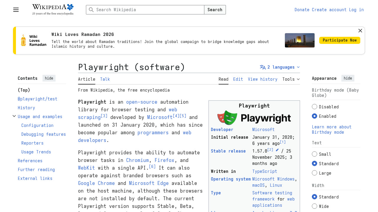 Wikipedia Playwright article with Usage and examples TOC section expanded, showing Configuration, Debugging features, Reporters, Usage Trends sub-entries