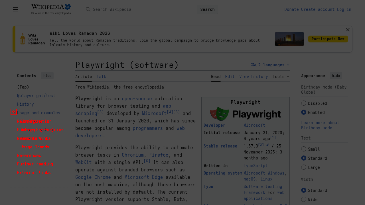 Same Wikipedia page with only the TOC area highlighted red, showing exactly which pixels changed when the section collapsed