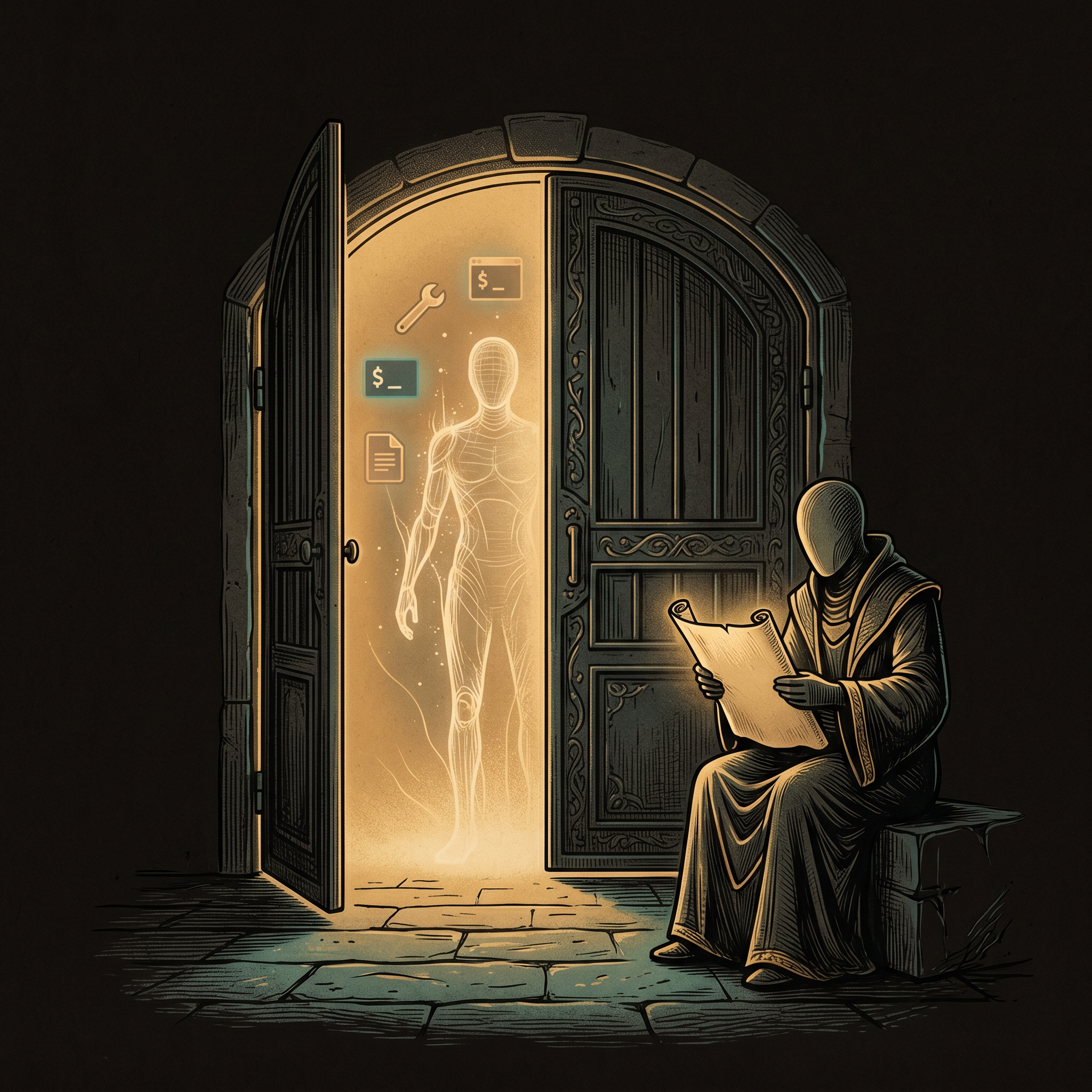 A hooded sentinel figure reads a scroll beside a glowing stone gateway. Behind the gate, a luminous agent figure is surrounded by floating tool icons: a wrench, a terminal window, a file.
