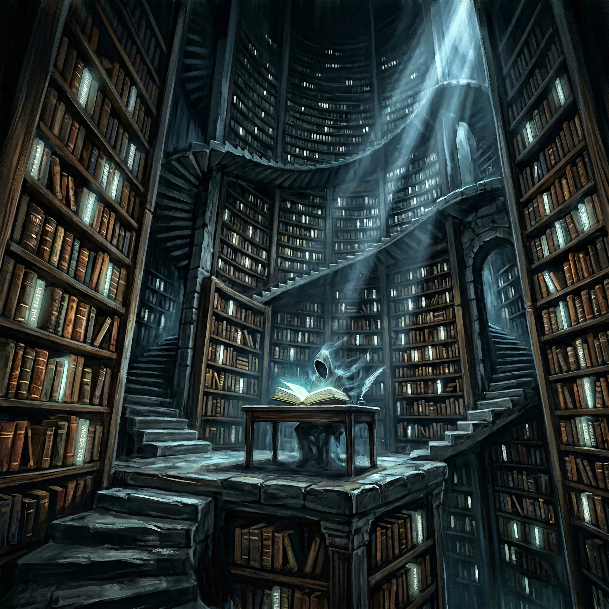 A vast library extending into darkness, a presence at its centre